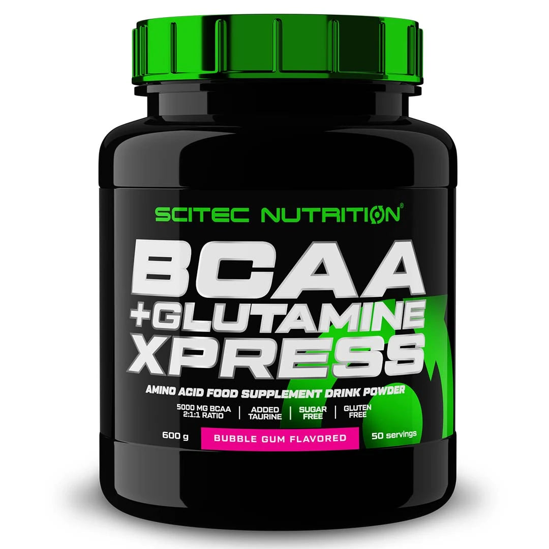 Musta purkki Scitec Nutrition BCAA + Glutamine Xpress 600 g -jauhetta vihreillä yksityiskohdilla ja Bubble Gum -maulla.