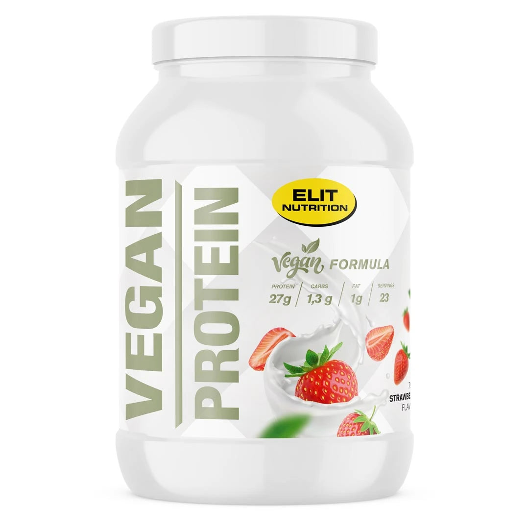 Elit Nutrition Vegan Protein 750 g -proteiinijauhe valkoisessa muovipurkissa kuvitetuilla mansikoilla.