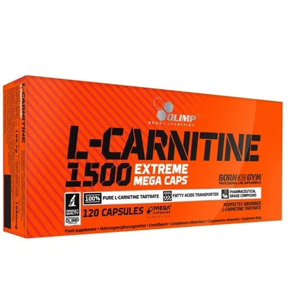 Olimp L-Carnitine 1500 Extreme Mega caps 120 caps oranssissa pahvipakkauksessa mustalla tekstillä.