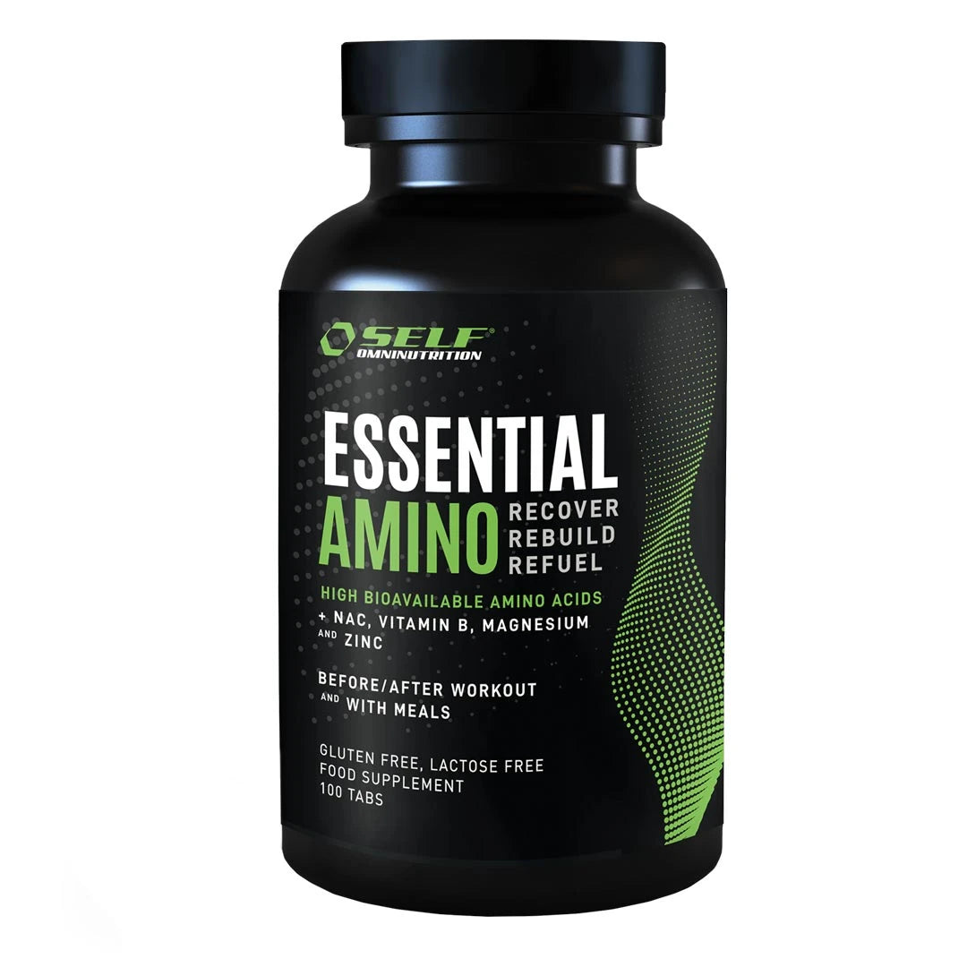 Self Omninutrition Essential Amino 100 tabs -ravintolisä mustassa purkissa vihreillä ja valkoisilla yksityiskohdilla.