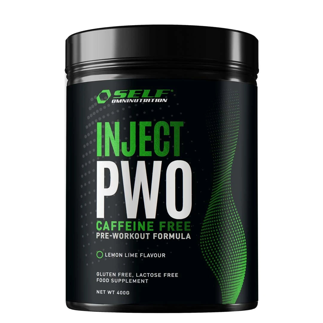 Musta purkki vihreällä tekstillä, sisältönä Self Omninutrition Inject PWO Caffeine Free 400 g, makuna Lemon Lime.