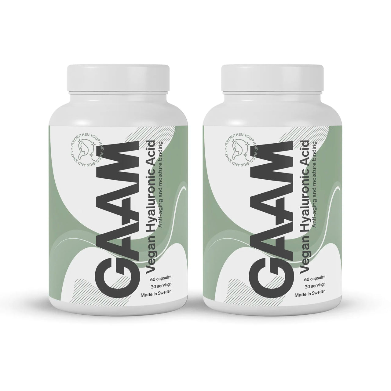 2 x GAAM Vegan Hyaluronic acid & vitamin C 60 caps kahdessa valkoisessa purkissa vihreillä ja harmailla yksityiskohdilla.