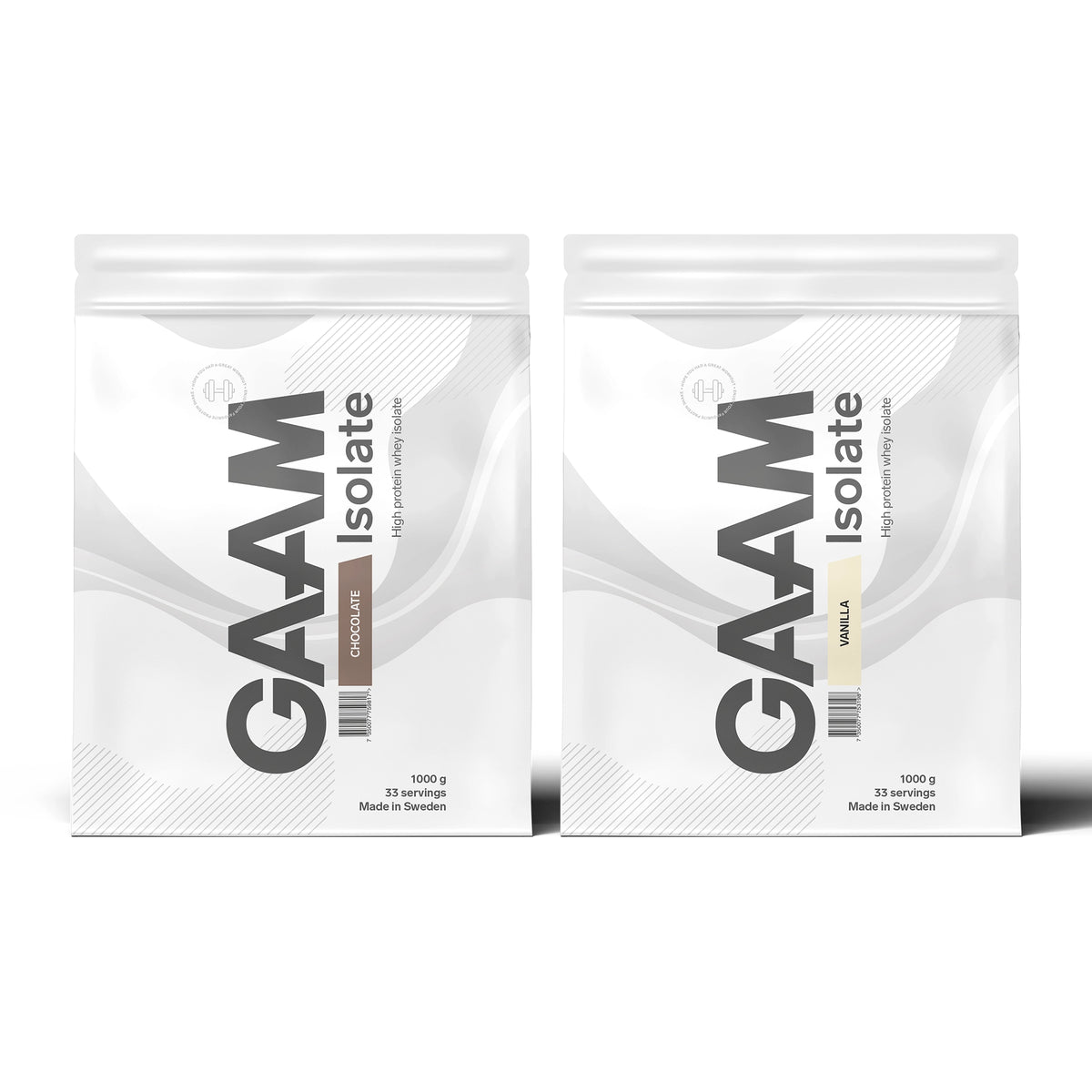 2 x GAAM Isolate 1 kg -heraproteiini-isolaattia kahdessa valkoisessa pussissa makuina Chocolate ja Vanilla., kuva 1/1
