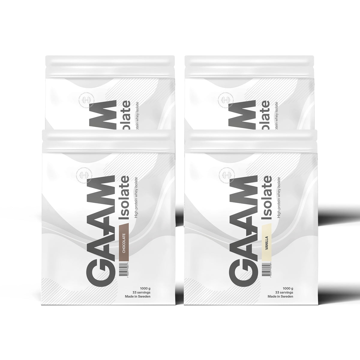 4 x GAAM Isolate 1 kg -heraproteiini-isolaattia neljässä valkoisessa pussissa, makuina Chocolate ja Vanilla.
