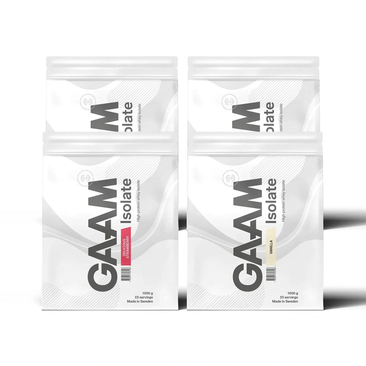 4 x GAAM Isolate 1 kg -proteiinijauhe neljässä valkoisessa pussissa, pakkauksissa näkyvät maut Vanilla ja Delicious Strawberry.