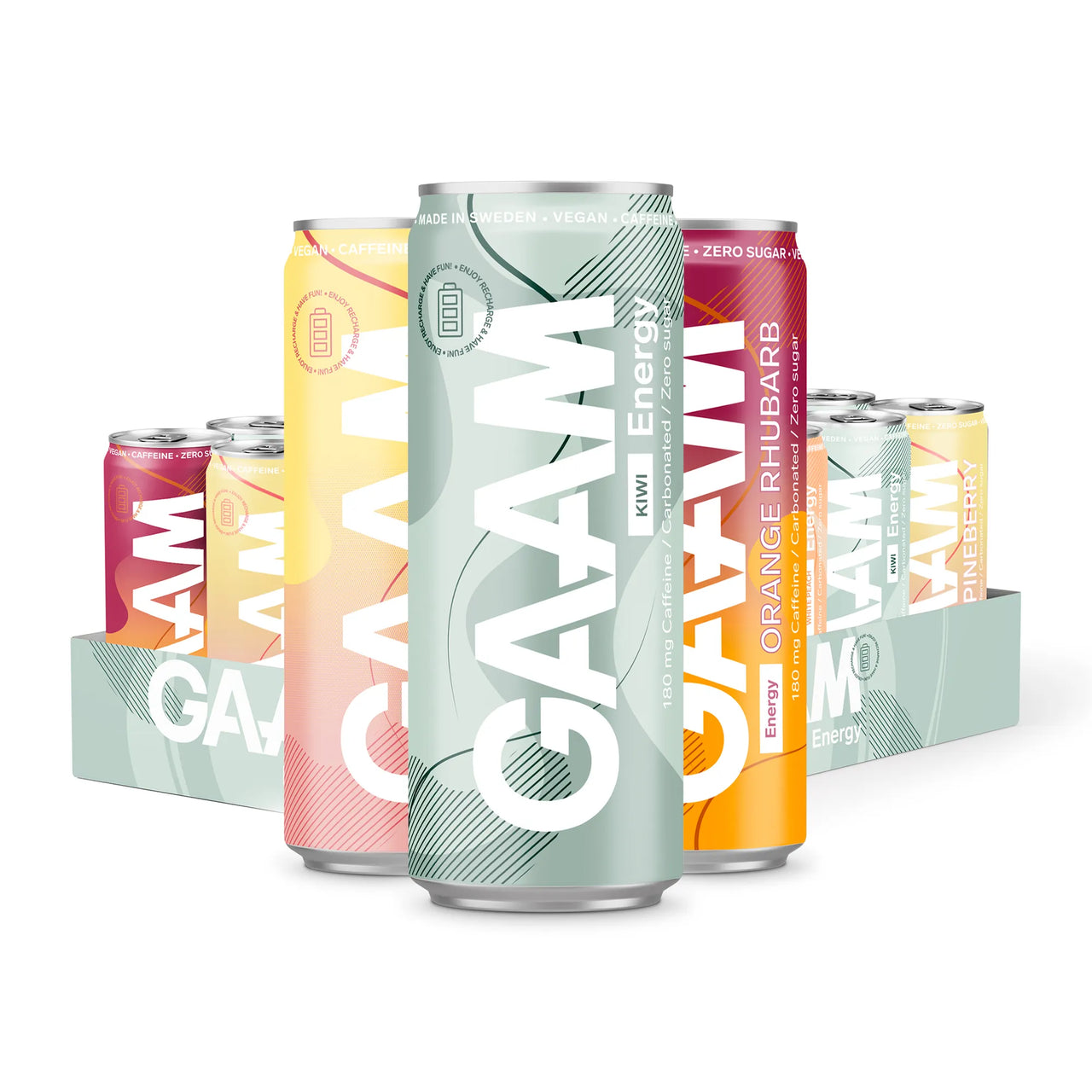 24 x GAAM Energy 330 ml Mixflak vaaleanvihreässä laatikossa täynnä värikkäitä erimakuisia energiajuomatölkkejä.