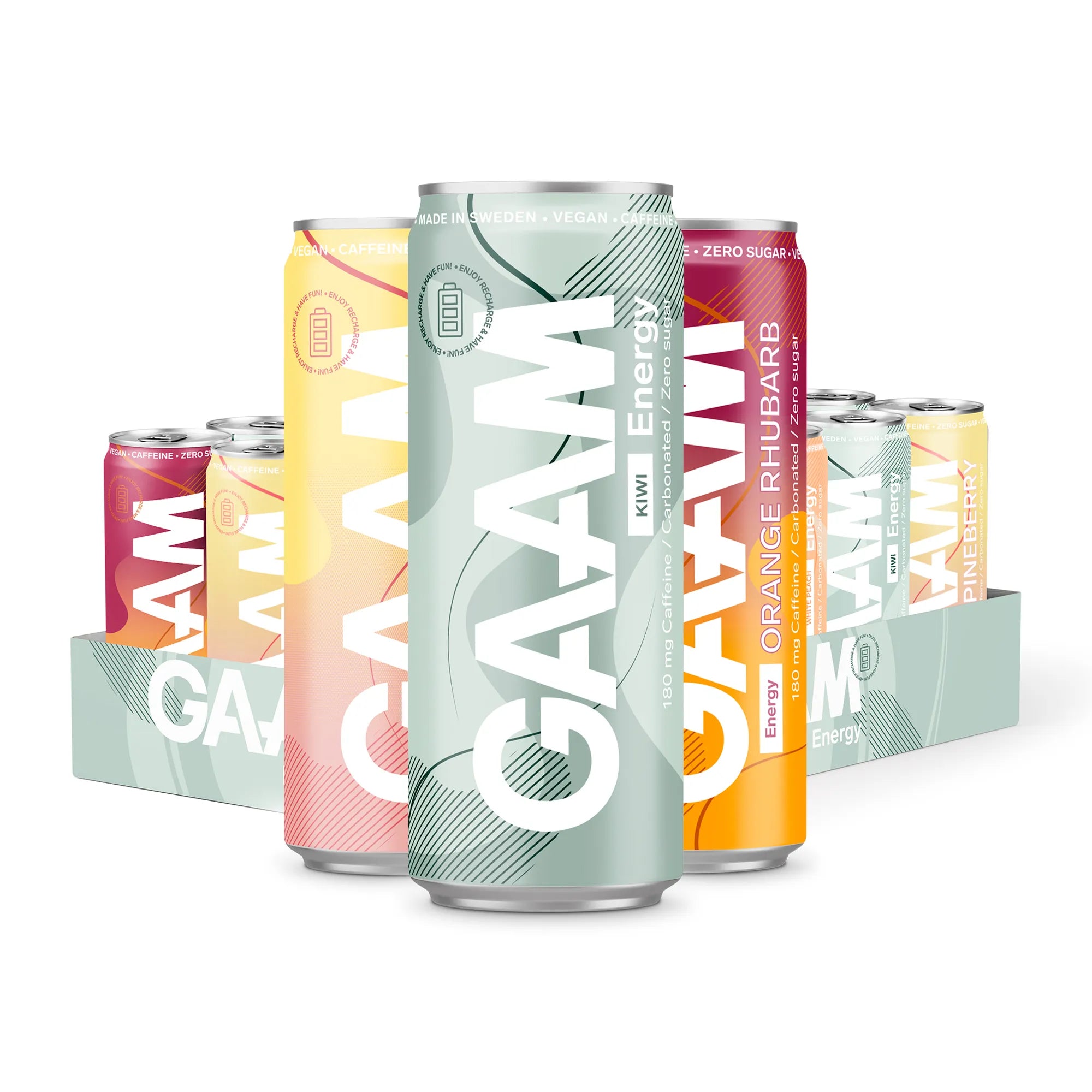 24 x GAAM Energy 330 ml Mixflak vaaleanvihreässä laatikossa täynnä värikkäitä erimakuisia energiajuomatölkkejä.