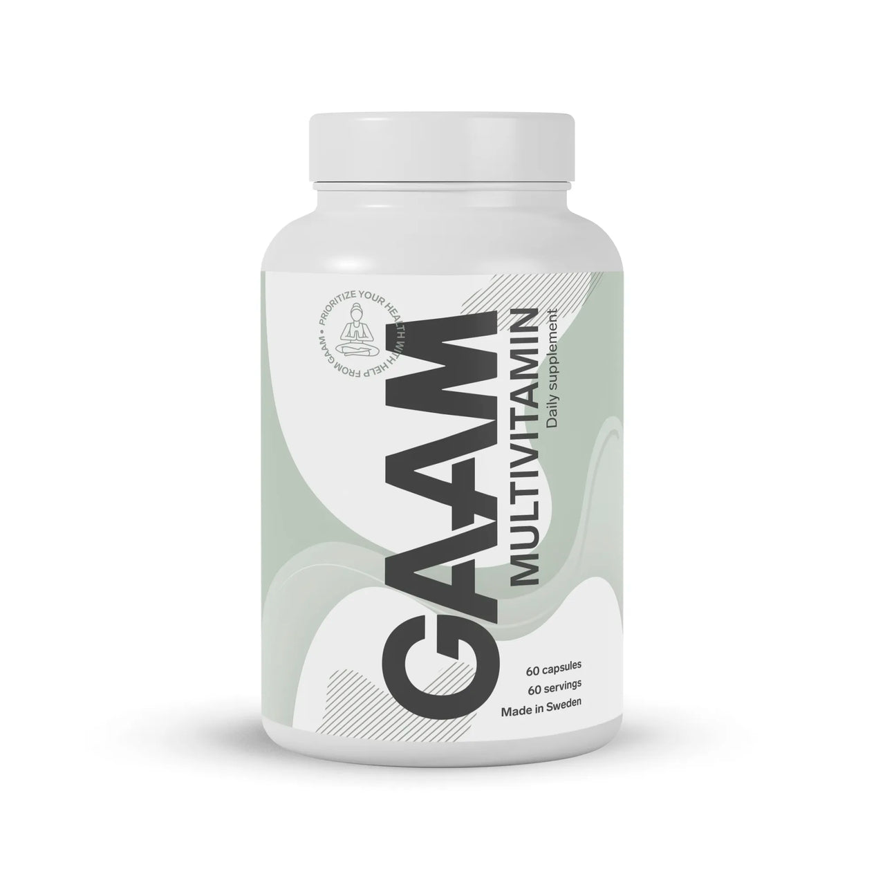 Valkoinen purkki GAAM Multivitamin 60 caps -kapseleita vaaleanvihreällä etiketillä ja isolla mustalla tekstillä.