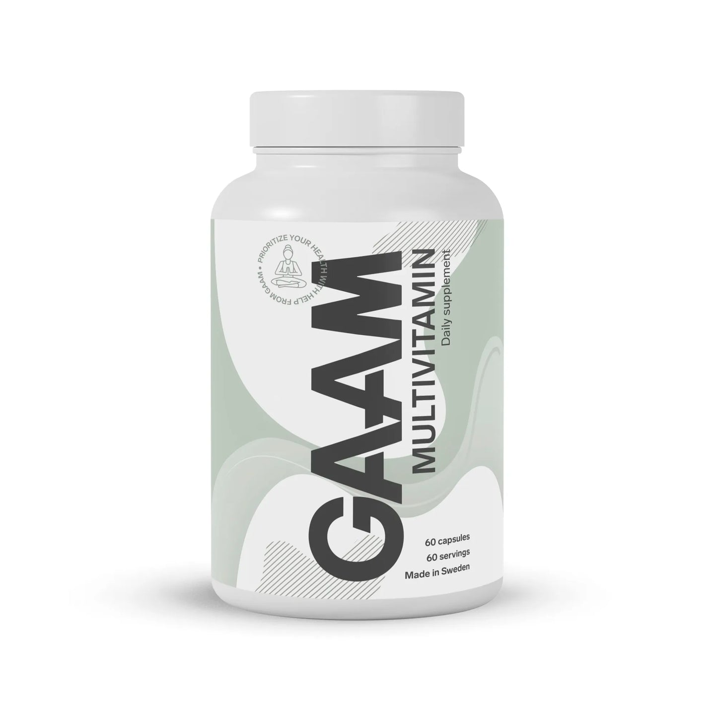 Valkoinen purkki GAAM Multivitamin 60 caps -kapseleita vaaleanvihreällä etiketillä ja isolla mustalla tekstillä.