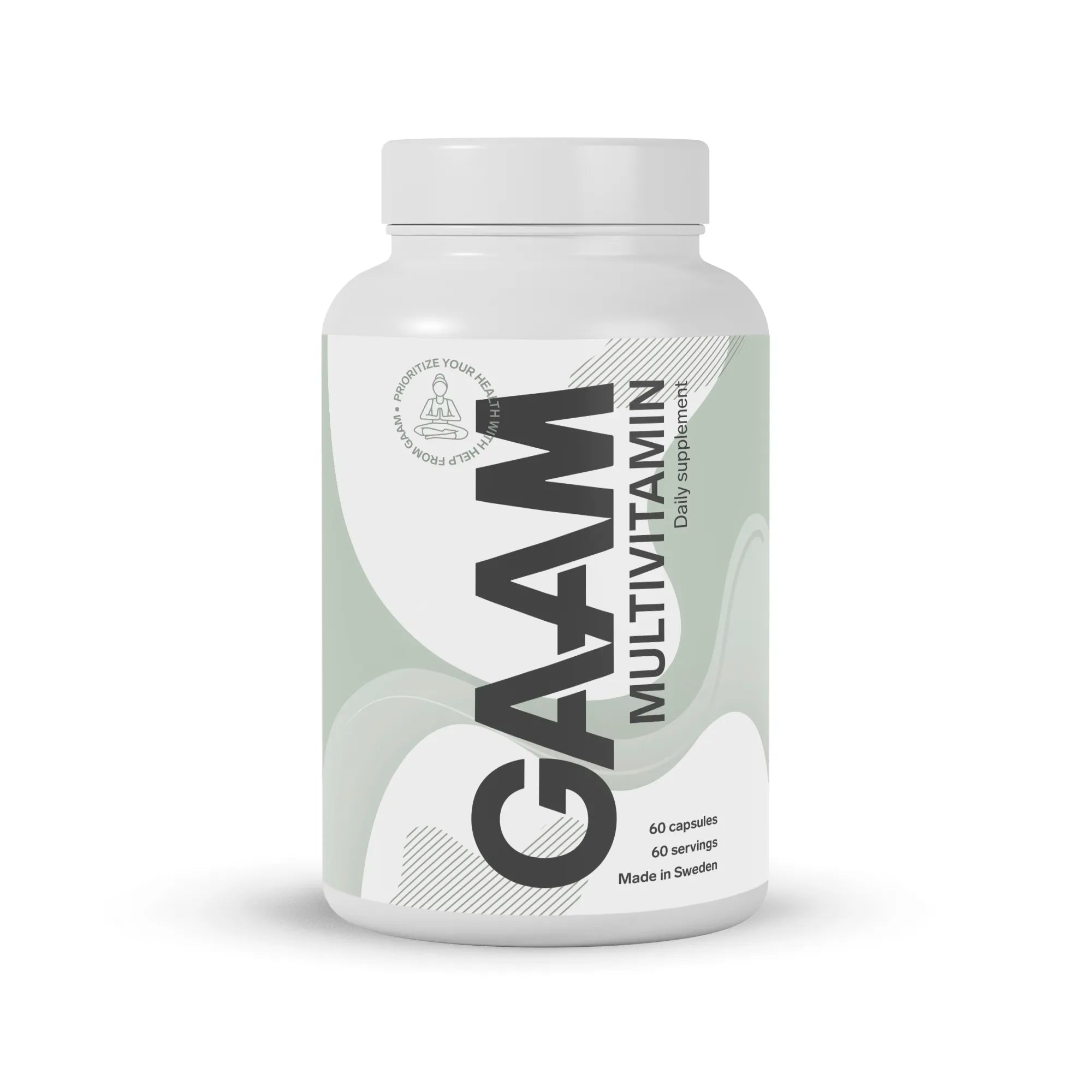 Valkoinen purkki GAAM Multivitamin 60 caps -kapseleita vaaleanvihreällä etiketillä ja isolla mustalla tekstillä.