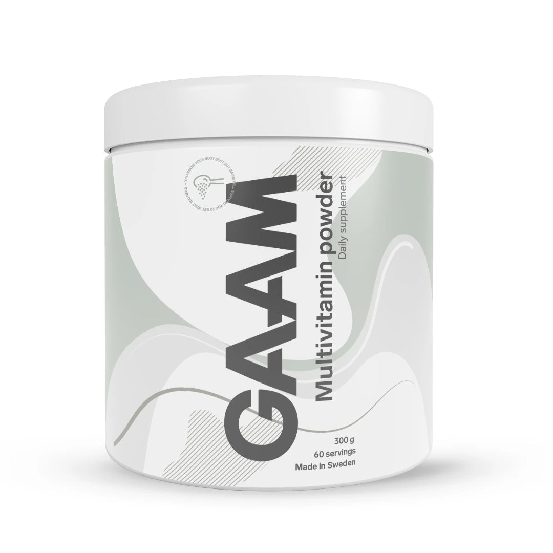Valkoinen purkki, jossa on GAAM Multivitamin Powder 300 g -monivitamiinijauhetta.