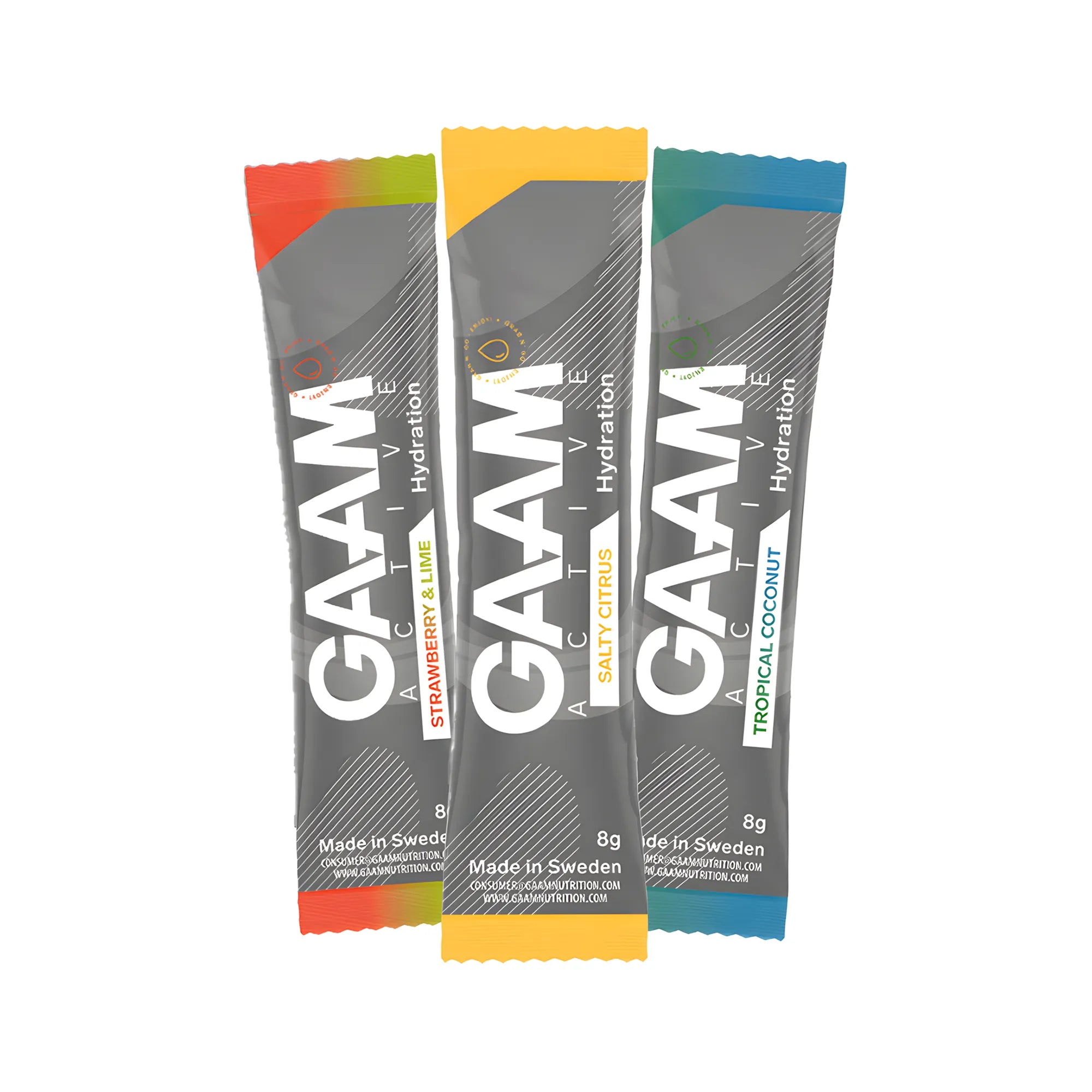 Kolme harmaata annospussia GAAM Active Hydration 8 g -elektrolyyttijauhetta värikkäillä yksityiskohdilla eri mauille.