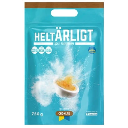 HeltÄrligt munajauhe 750 g turkoosissa pussissa, makuna suklaa.