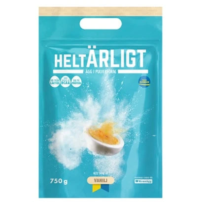 HeltÄrligt munajauhe 750 g turkoosissa pussissa, makuna vanilja.