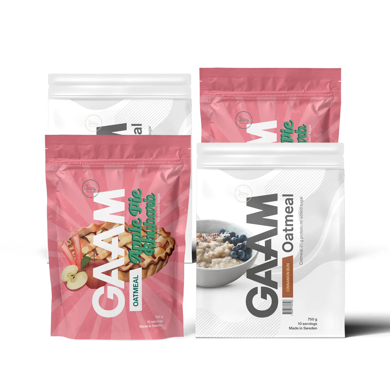 4 x GAAM Oatmeal 750 g neljän pussin pakkauksessa valkoisena ja vaaleanpunaisena, makuina Apple Pie Rhubarb ja Cinnamon Bun.