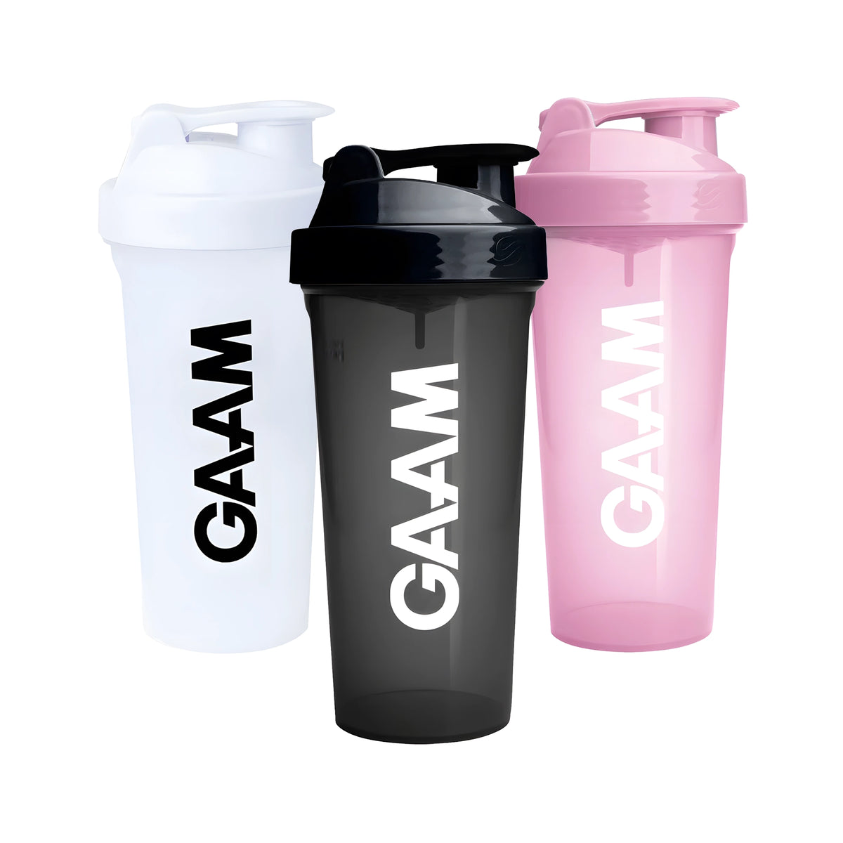 3 x GAAM Shaker 800 ml -muovishakerit väreissä musta, valkoinen ja vaaleanpunainen GAAM-logolla., kuva 1/1