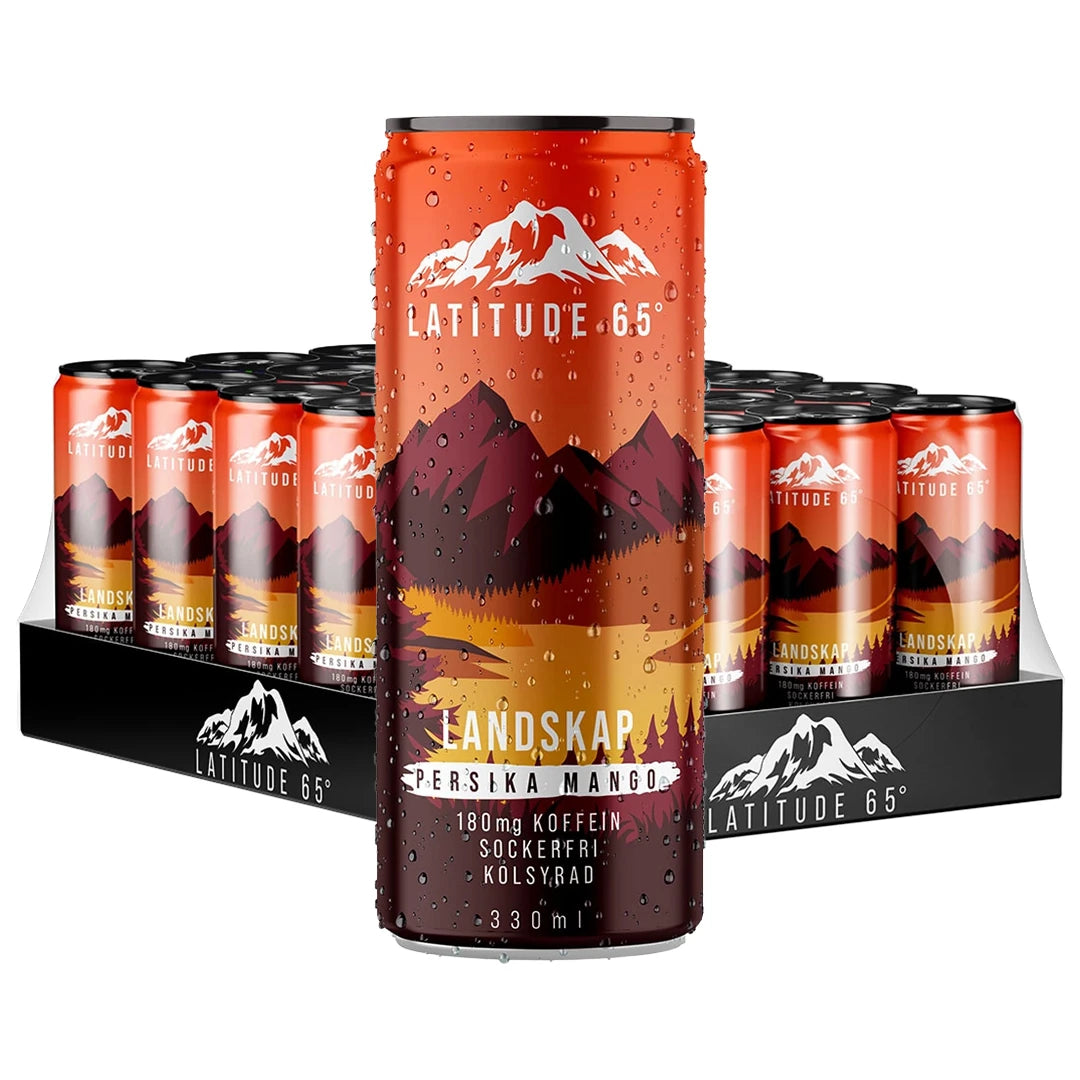 24 x Latitude 65 330 ml Landskap - Persikka & Mango mustassa laatikossa vesipisaroiden peittämillä oransseilla tölkeillä.