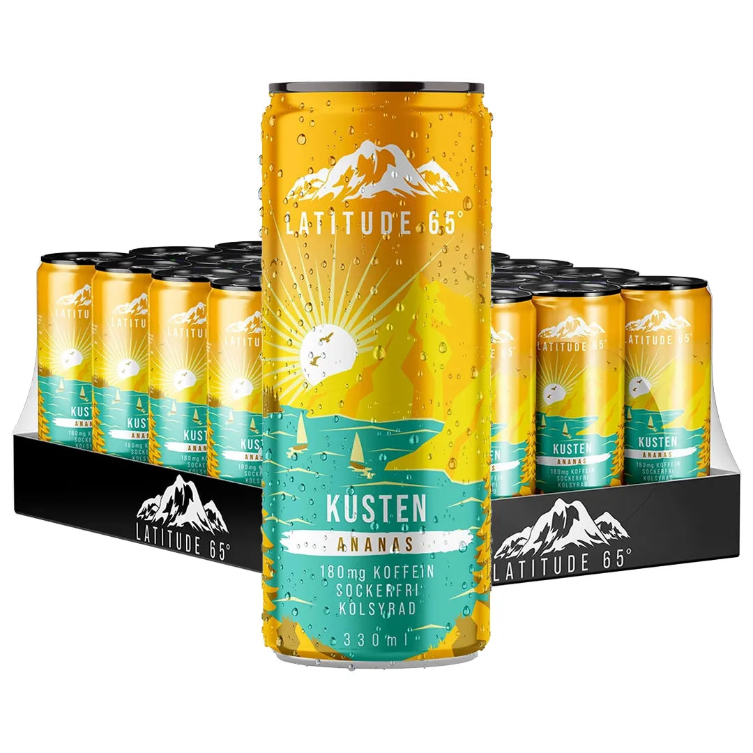 24 x Latitude 65 330 ml Kusten - Ananas mustassa laatikossa, jossa on keltaisia ja turkooseja huurteisia tölkkejä.
