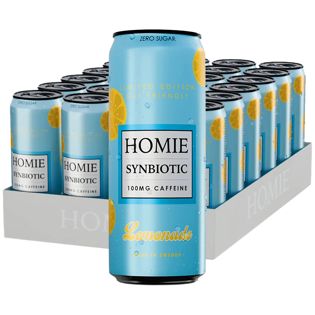 24 x Homie Wake Up Synbiotic 330 ml Lemonade valkoisessa laatikossa, vaaleansinisiä tölkkejä keltaisilla sitruunoilla.