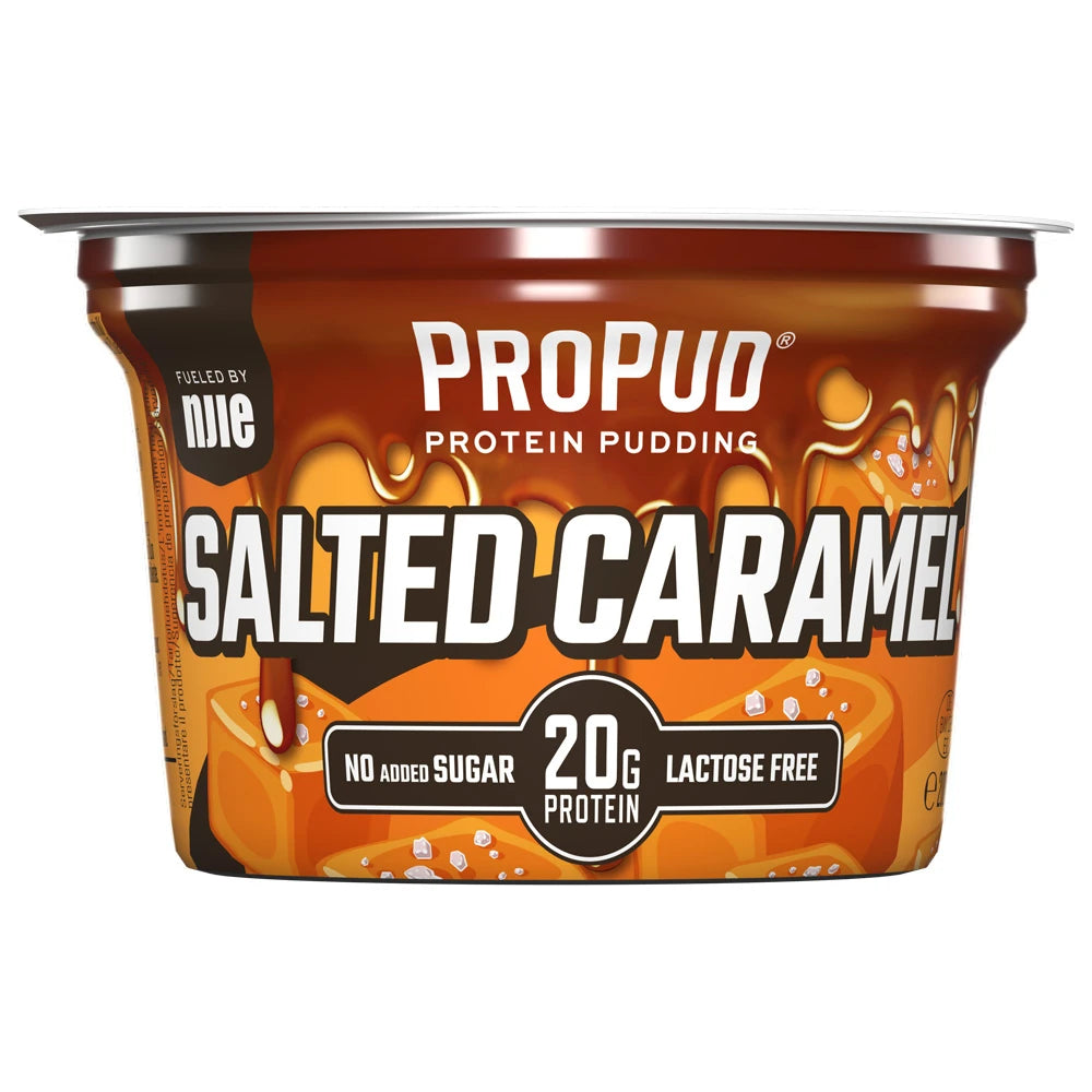 NJIE ProPud 200 g -proteiinivanukas ruskeassa ja oranssissa rasiassa, makuna Salted Caramel.