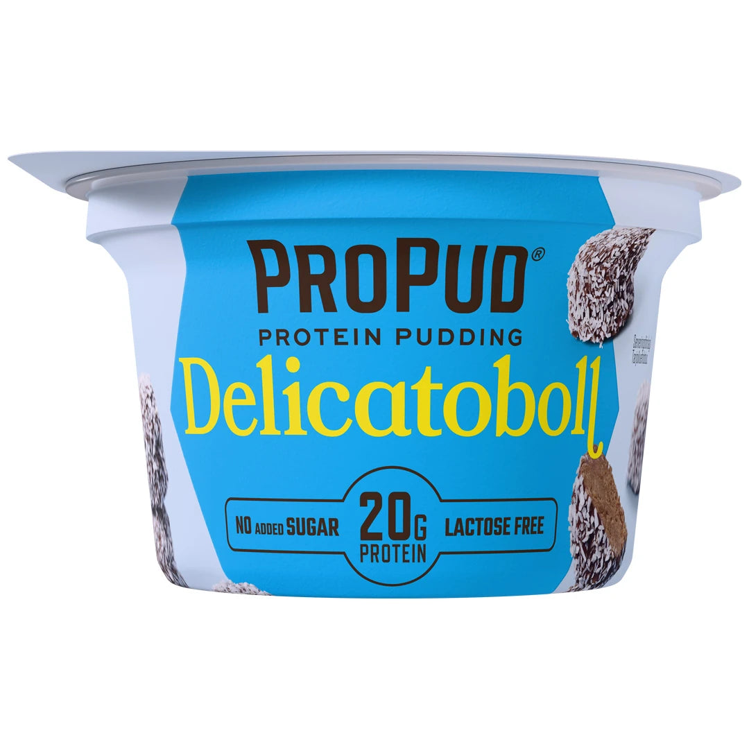 NJIE ProPud 200 g -proteiinivanukas valkoisessa rasiassa vaaleansinisellä etiketillä, makuna Delicatoboll., kuva 3/4