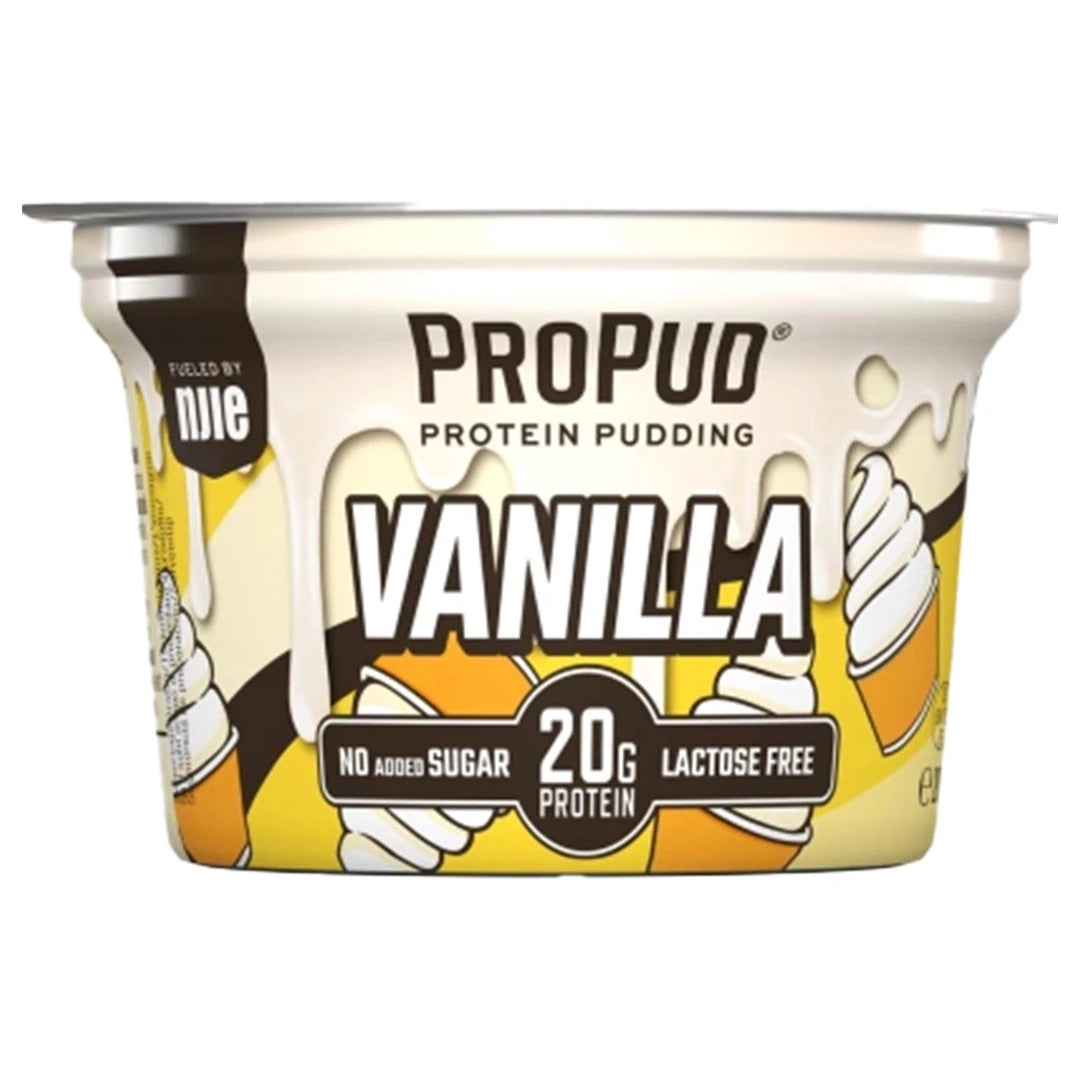 NJIE ProPud Chocolate 200 g -proteiinivanukas Vanilla-maussa kelta-valkoisessa muovipurkissa.