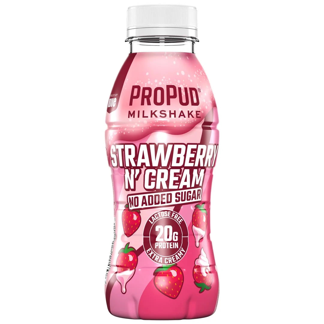 NJIE ProPud Protein Milkshake 330 ml vaaleanpunaisessa pullossa valkoisella korkilla, makuna Strawberry Cream.
