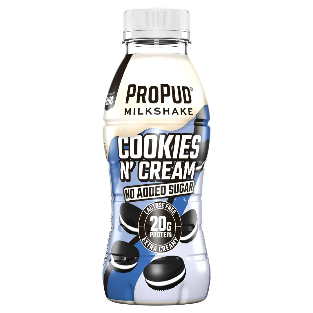 NJIE ProPud Protein Milkshake 330 ml valko-vaaleansinisessä pullossa keksikuvioinnilla, makuna Cookies N' Cream., kuva 3/9
