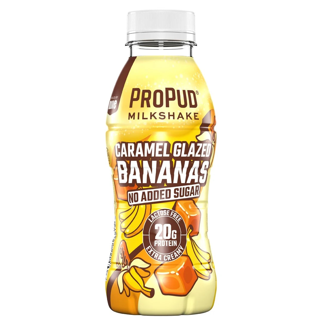 NJIE ProPud Protein Milkshake 330 ml keltaisessa muovipullossa ruskeilla yksityiskohdilla, makuna Caramel Glazed Banana., kuva 4/9