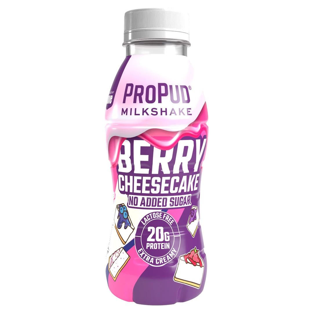 NJIE ProPud Protein Milkshake 330 ml -muovipullo vaaleanpunaisella ja violetilla etiketillä, makuna Berry Cheesecake., kuva 5/9