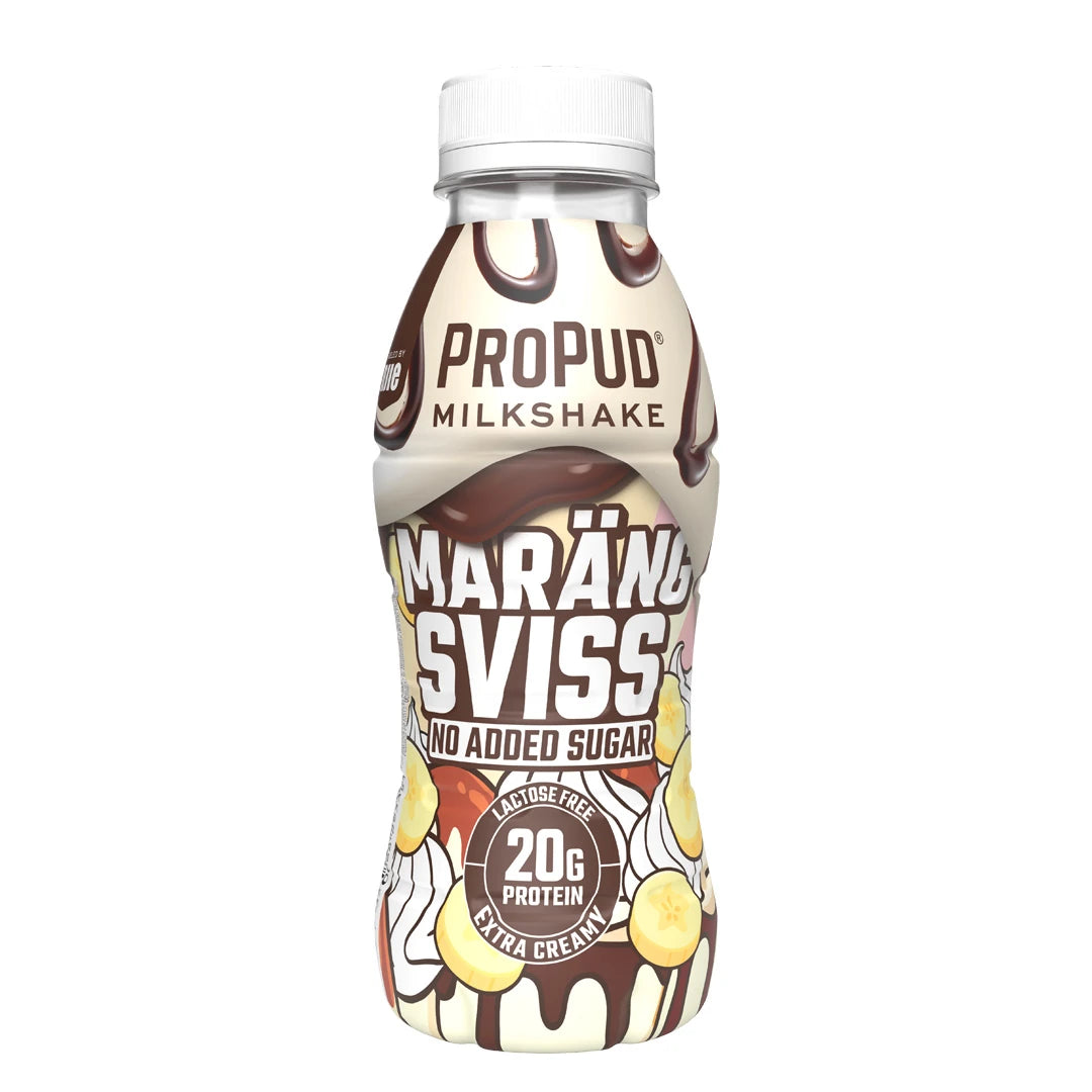 NJIE ProPud Protein Milkshake 330 ml pullossa suklaa- ja banaanikuvioinnilla, makuna Marängsviss., kuva 6/9