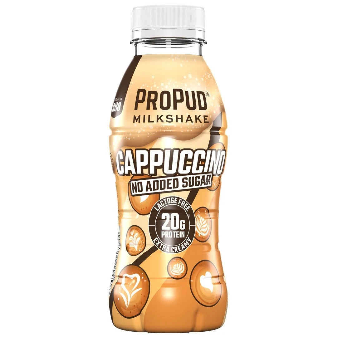 NJIE ProPud Protein Milkshake 330 ml beigessä pullossa kahvikuvioilla ja valkoisella korkilla, makuna Cappuccino., kuva 7/9