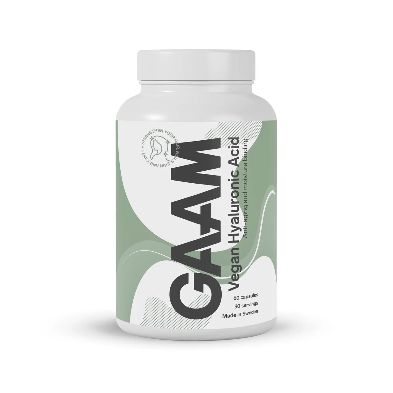 GAAM Vegan Hyaluronic acid & vitamin C 60 caps valkoisessa purkissa vihreällä etiketillä ja mustilla yksityiskohdilla.
