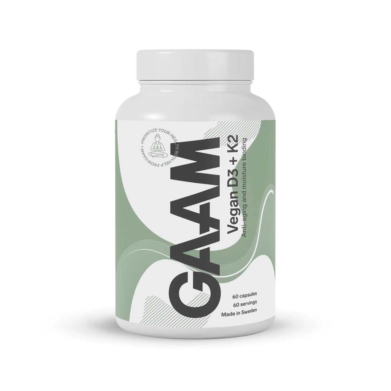 GAAM Vegan D3 + K2 60 caps -vitamiinikapselit valkoisessa purkissa, jossa on vaaleanvihreä ja valkoinen etiketti.