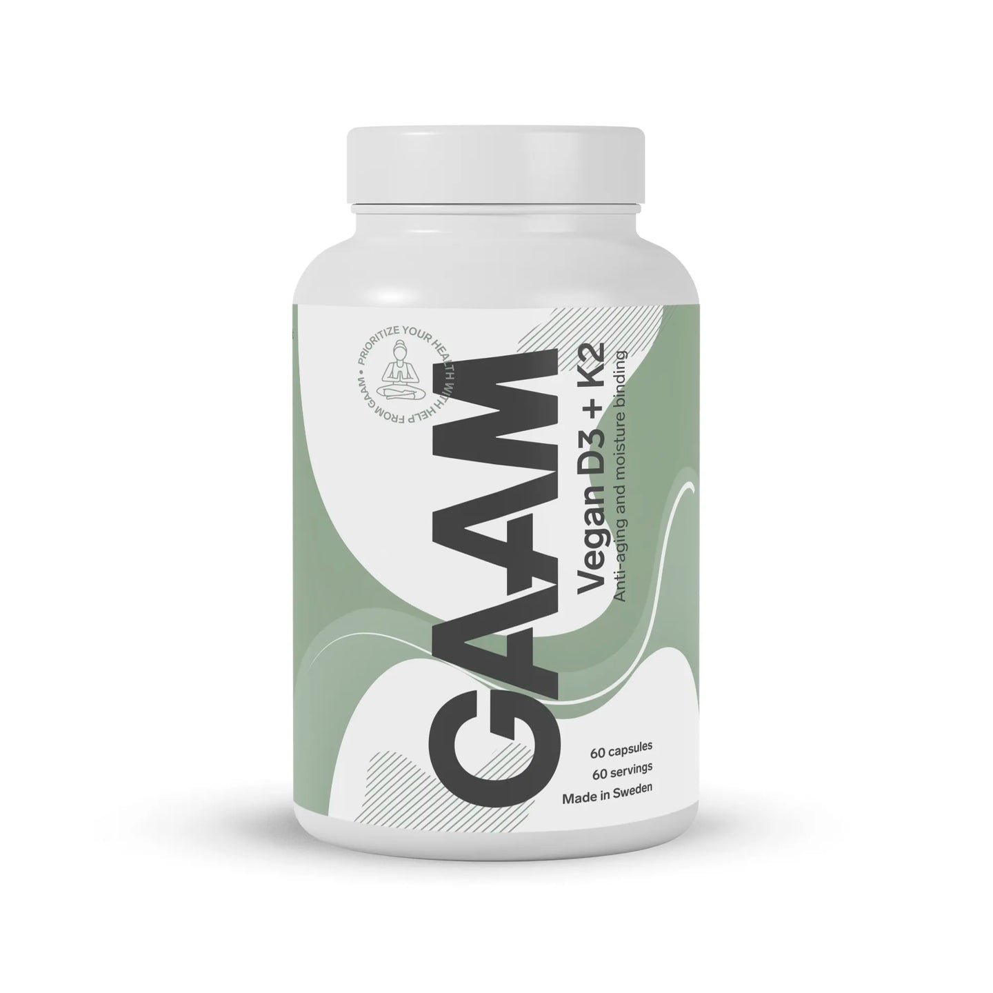 GAAM Vegan D3 + K2 60 caps -vitamiinikapselit valkoisessa purkissa, jossa on vaaleanvihreä ja valkoinen etiketti.