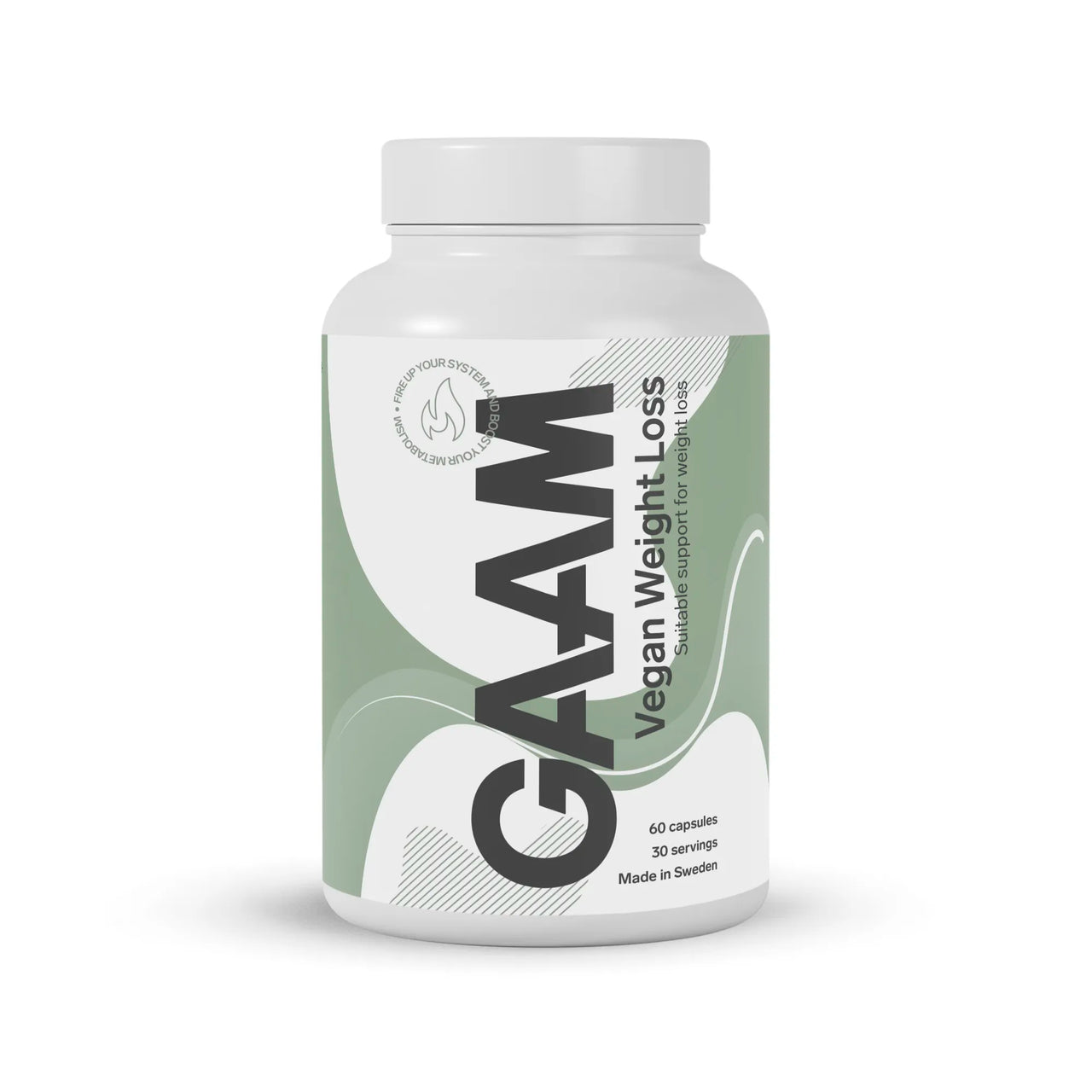 GAAM Vegan Weight loss 60 caps -rasvanpolttaja valkoisessa muovipurkissa vaaleanvihreillä yksityiskohdilla.