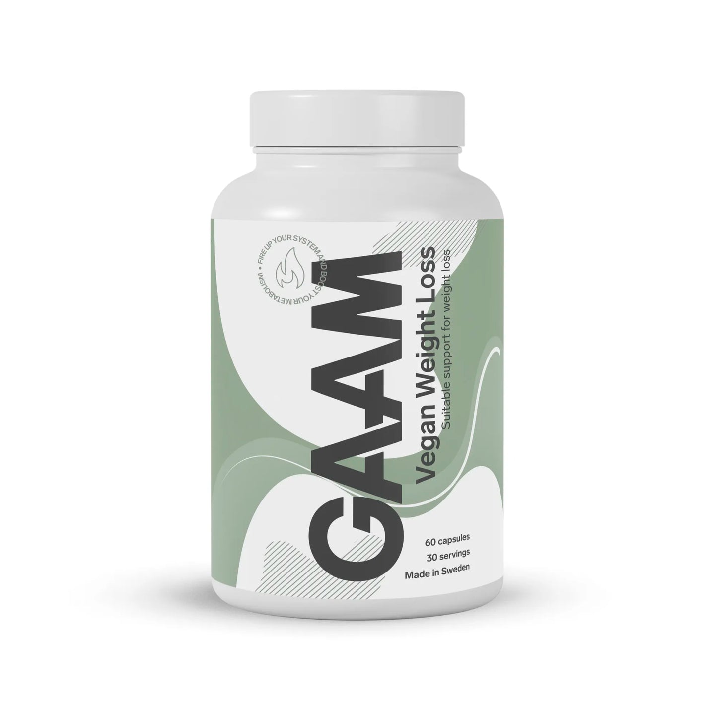 GAAM Vegan Weight loss 60 caps -rasvanpolttaja valkoisessa muovipurkissa vaaleanvihreillä yksityiskohdilla.