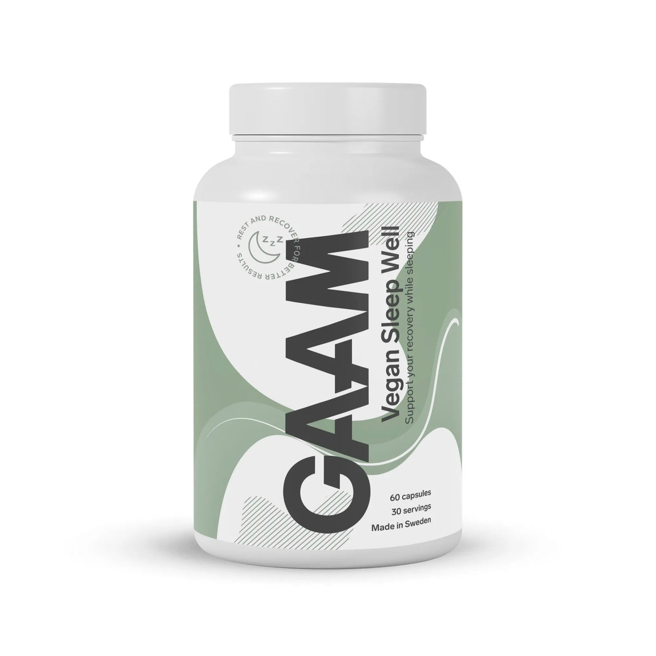 GAAM Vegan Sleep Well 60 caps valkoisessa purkissa vihrein ja harmain yksityiskohdin uneen ja palautumiseen.