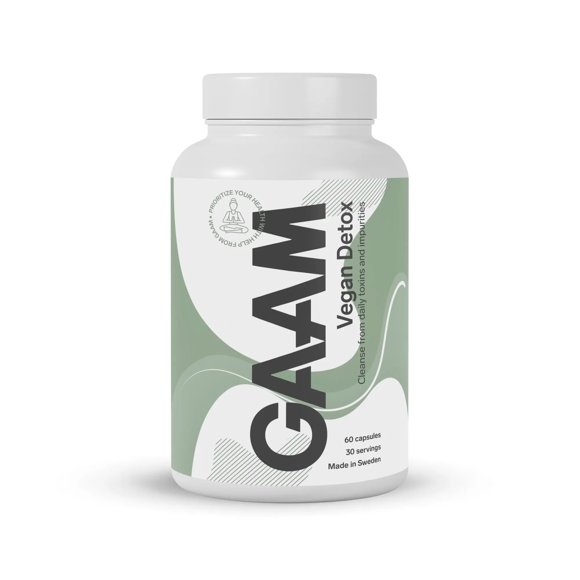 GAAM Vegan Detox 60 caps -ravintolisä valkoisessa muovipurkissa vihreävalkoisella etiketillä.