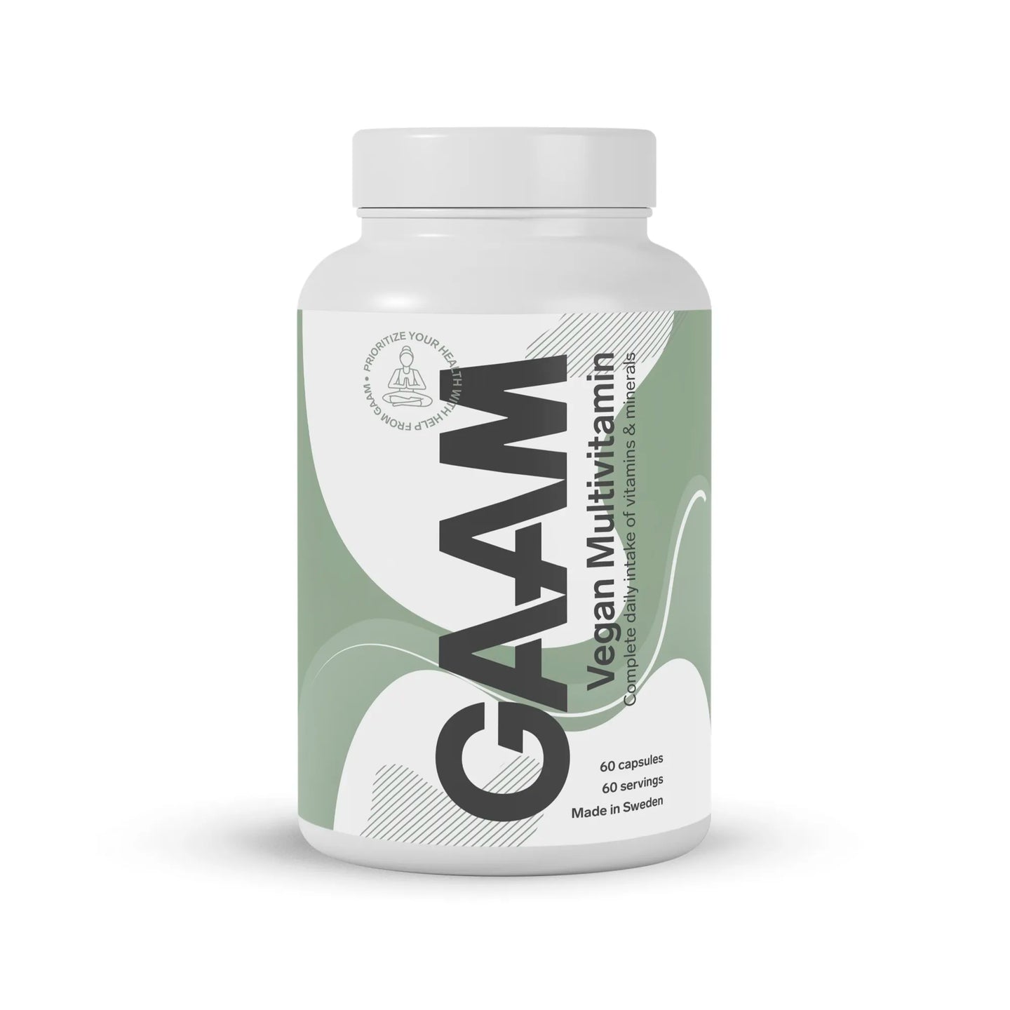 GAAM Vegan Multivitamin 60 caps -ravintolisä valkoisessa muovipurkissa, jossa on vaaleanvihreä-valkoinen etiketti.