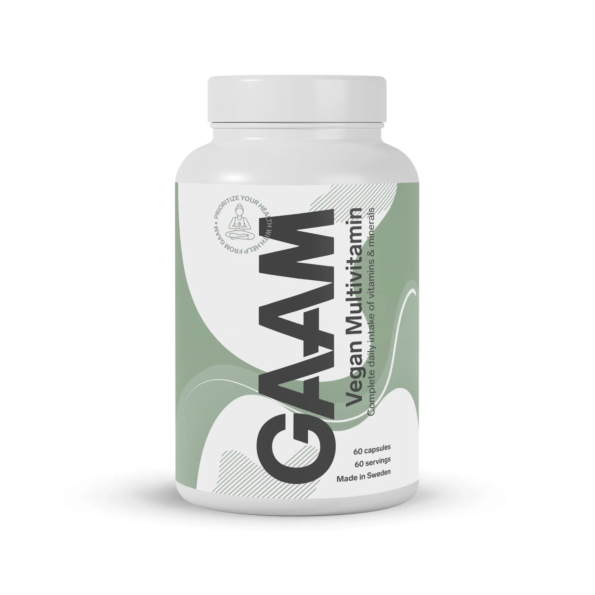 GAAM Vegan Multivitamin 60 caps -ravintolisä valkoisessa muovipurkissa, jossa on vaaleanvihreä-valkoinen etiketti.