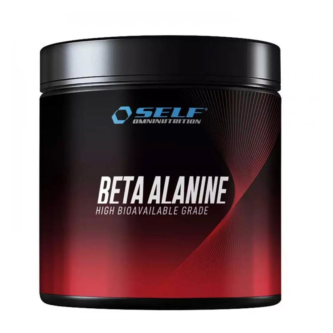 Maustamaton Self Omninutrition Beta-Alanine 200 g -aminohappojauhe mustassa purkissa punaisilla yksityiskohdilla.