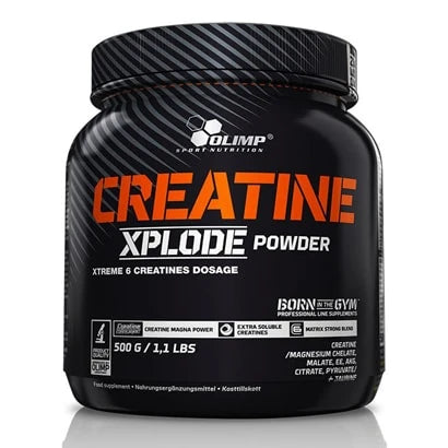 Olimp Creatine Xplode 500 g -kreatiinijauhesekoitus mustassa purkissa oransseilla ja valkoisilla yksityiskohdilla.