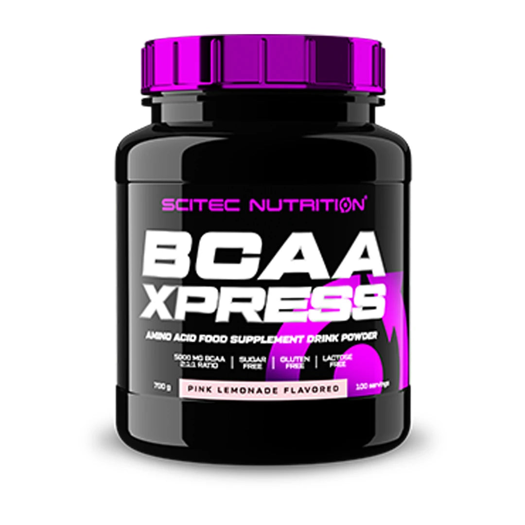 Scitec Nutrition BCAA Xpress 700 g -aminohapot mustassa purkissa vaaleanpunaisella kannella, makuna Pink Lemonade.
