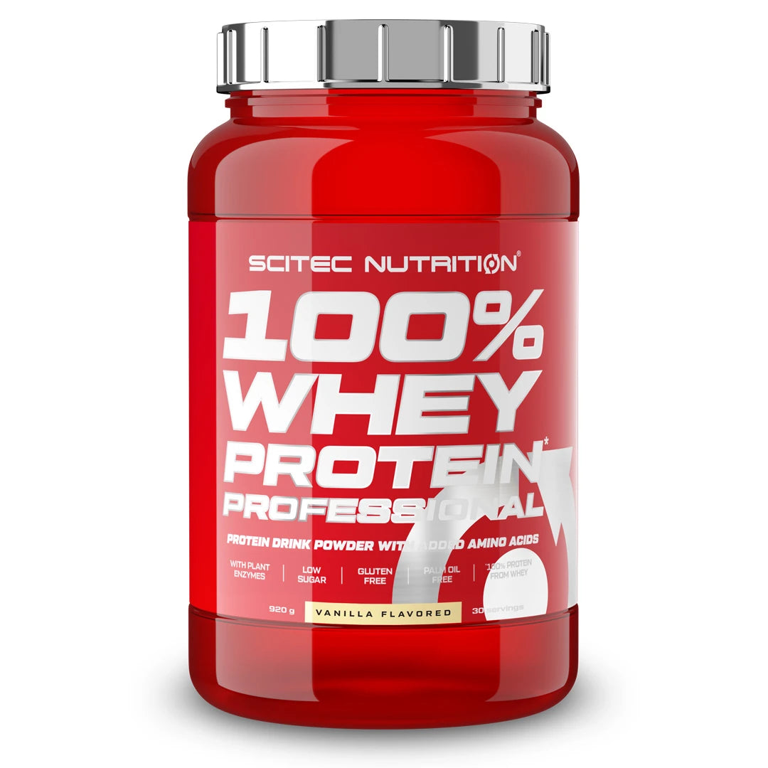 Scitec Nutrition 100% Whey Protein Professional 920 g -proteiinijauhe punaisessa purkissa hopeanvärisellä kannella, makuna Vanilla.