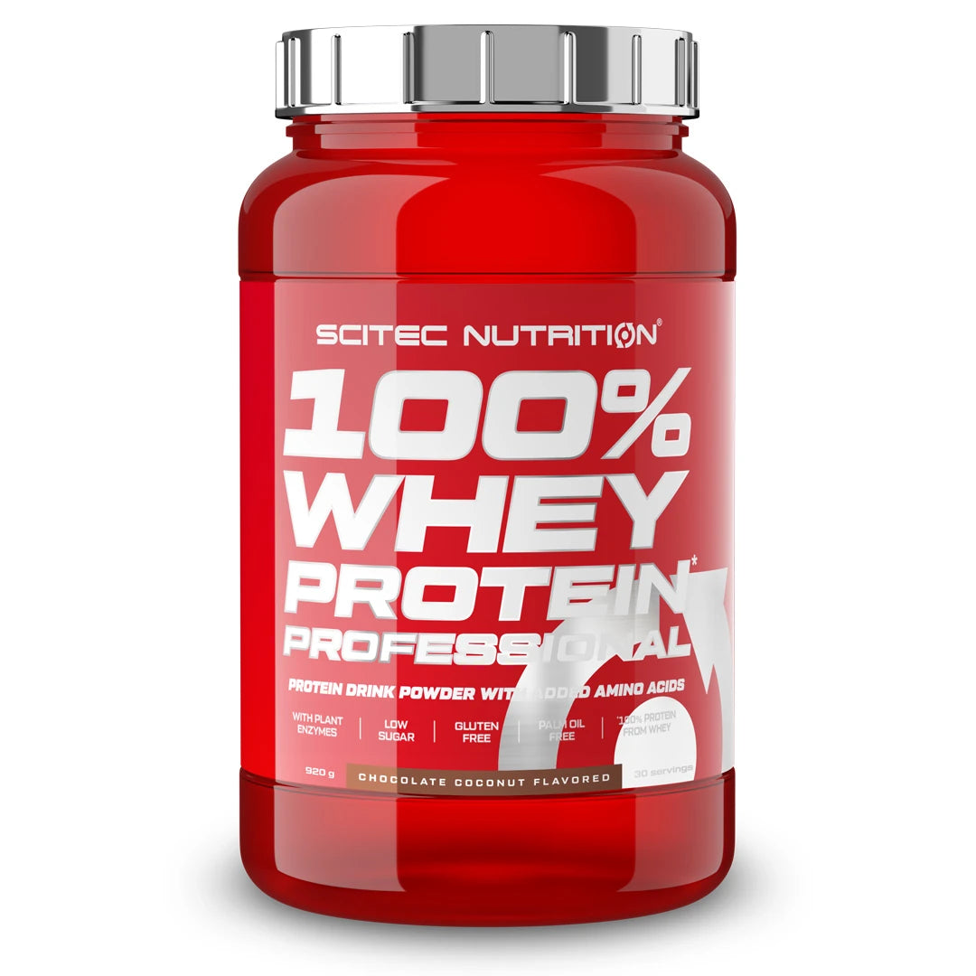 Scitec Nutrition 100% Whey Protein Professional 920 g -proteiinijauhe punaisessa purkissa hopeisella kannella, makuna Chocolate Coconut.