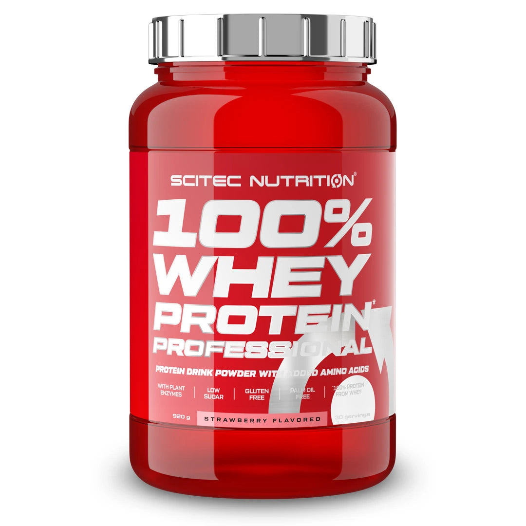 Scitec Nutrition 100% Whey Protein Professional 920 g -proteiinijauhe punaisessa purkissa hopeanvärisellä kannella, makuna Strawberry., kuva 3/5