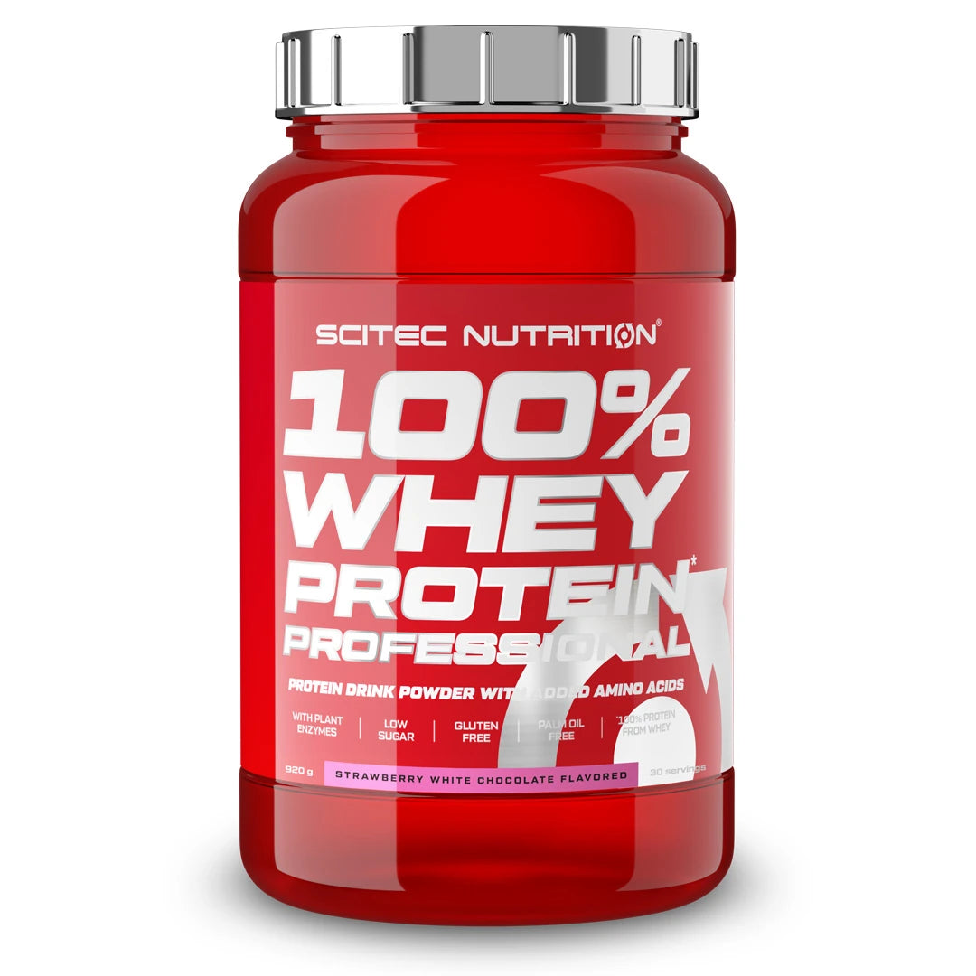 Scitec Nutrition 100% Whey Protein Professional 920 g -proteiinijauhe punaisessa purkissa hopeisella kannella, makuna Strawberry White Chocolate., kuva 5/5