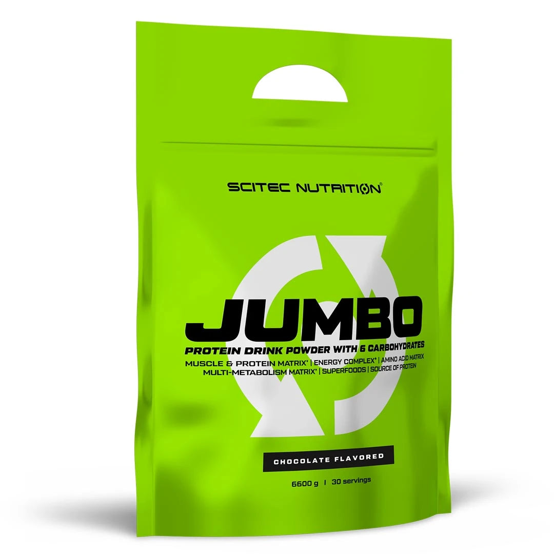 Scitec Nutrition Jumbo 6,6 kg gainer vaaleanvihreässä pussissa mustilla yksityiskohdilla, makuna suklaa.