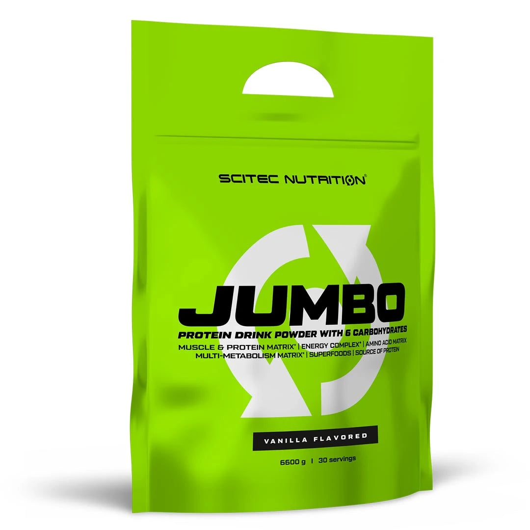 Scitec Nutrition Jumbo 6.6 kg -gainer suuressa vaaleanvihreässä pussissa, makuna vanilja.